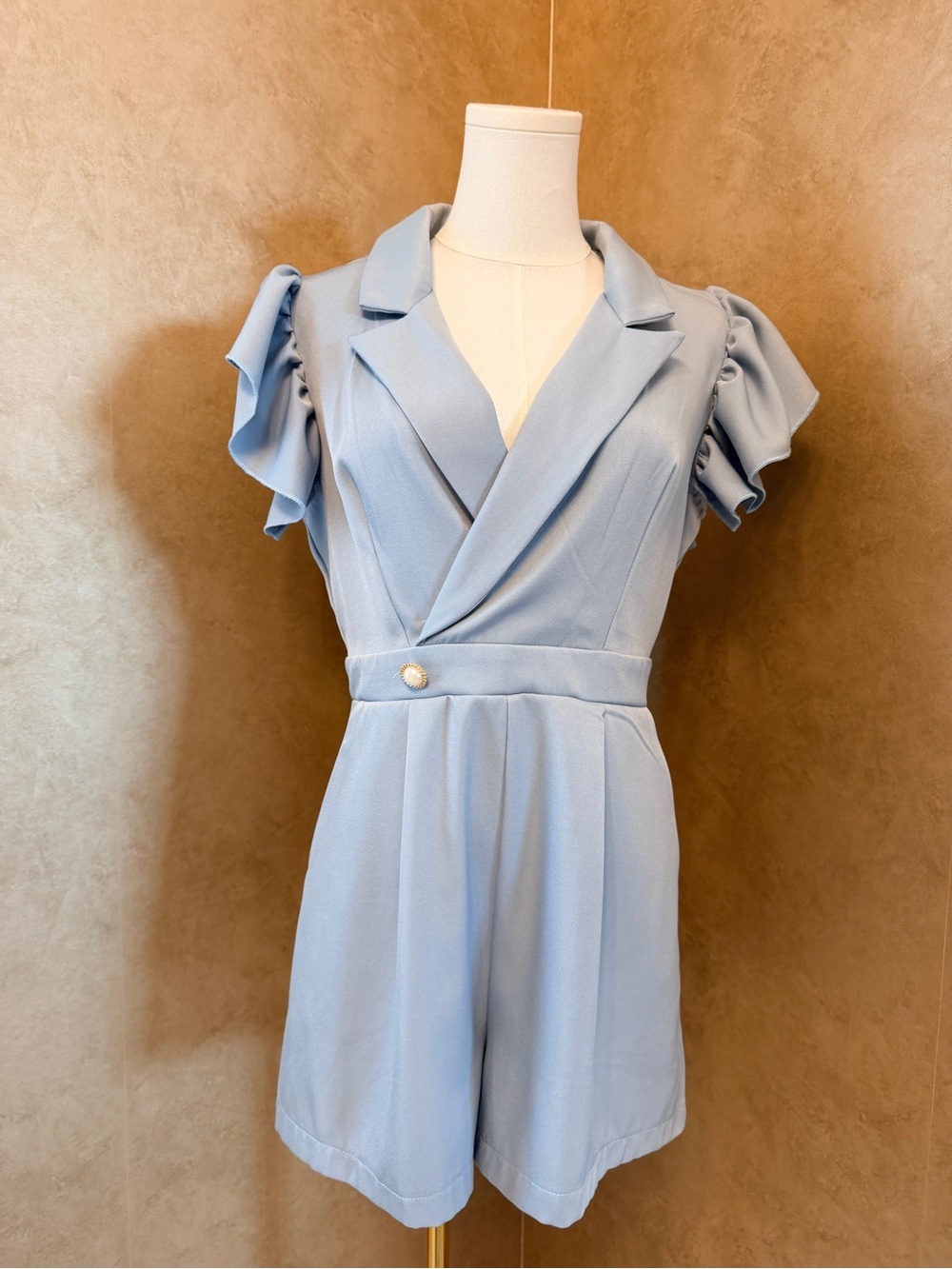 SHEIN Light Blue Ruffle Sleeve Tailored Romper